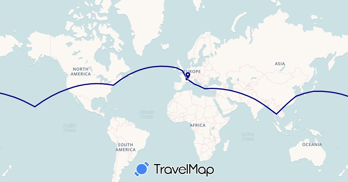 TravelMap itinerary: driving in China, France, United Kingdom, Ireland, India, Italy, Japan, Thailand, United States (Asia, Europe, North America)